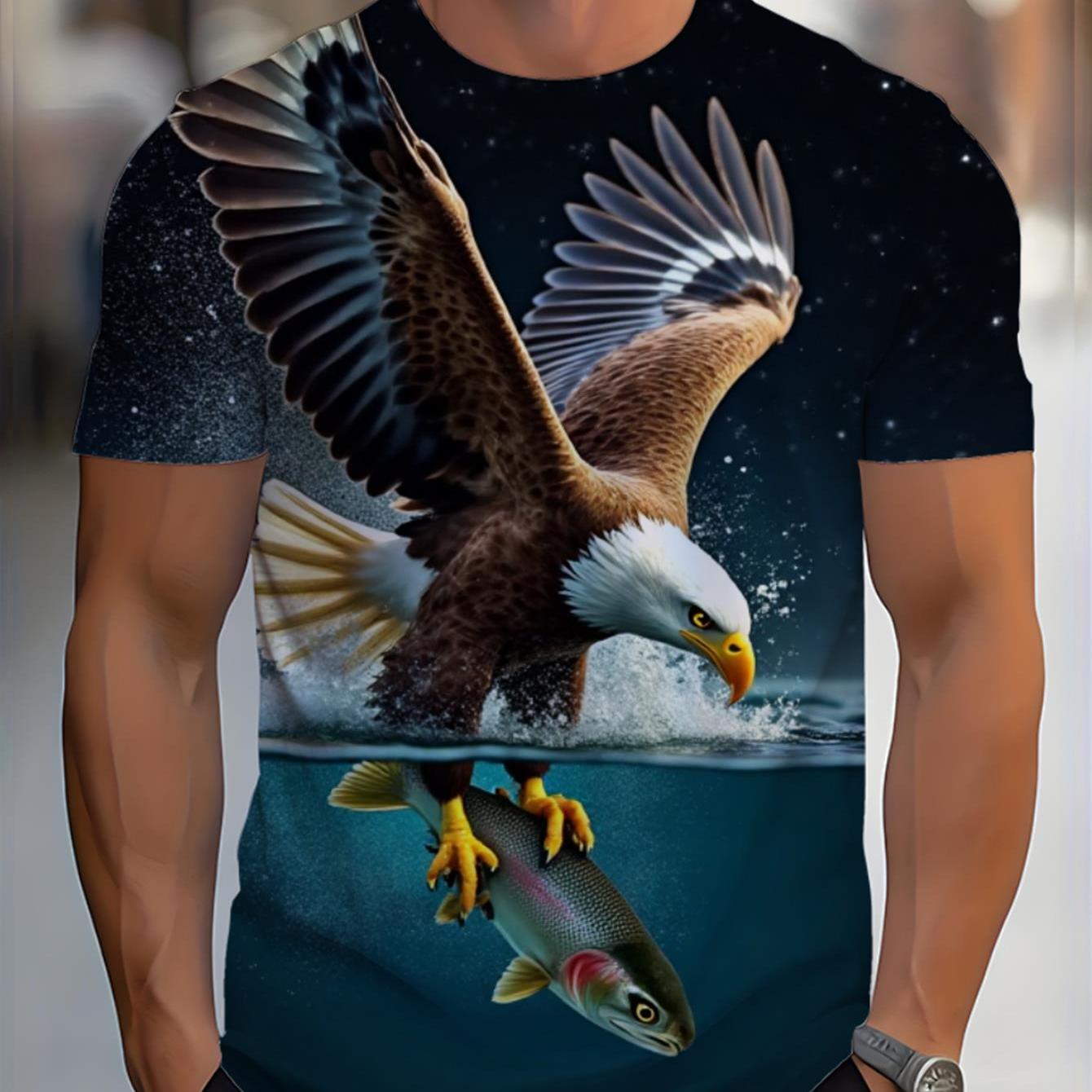 TEMU Men's 3d Graphic T-shirt Featuring A Bald Eagle Diving At Night To Catch A Trout, Dynamic Wildlife Action Print On Casual Short Sleeve Crew Neck