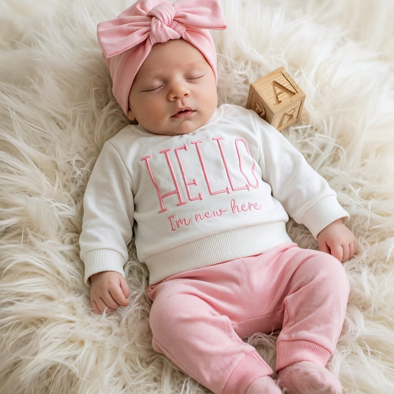 TEMU Ensemble bébé fille HD15 : Haut brodé et pantalon uni avec chapeau à nœud, ensemble tricoté à manches longues pour nouveau-né