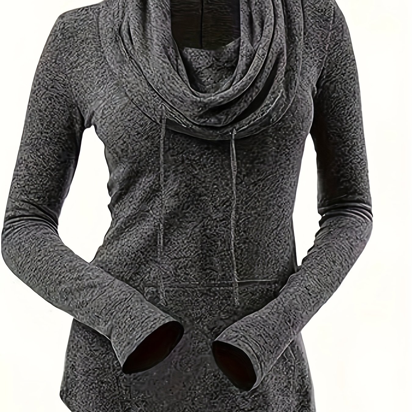 E-shop Damen Freizeit-Top für Herbst/Winter, einfarbig, Rollkragen, Saum mit Kordelzug, gebogener Saum Vordertasche