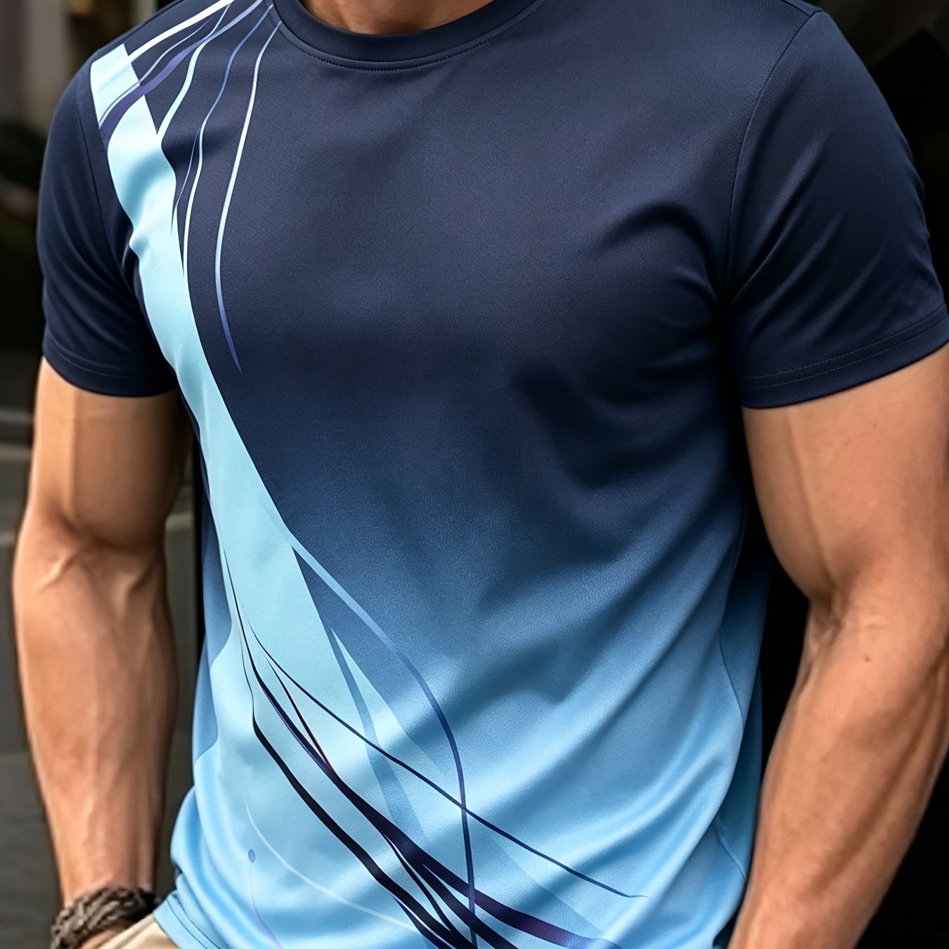 TEMU Men's 2026 New Style Gradient Abstract Line Art T-shirt - Breathable Mesh Short Sleeve Round Neck Athletic Top With Suitable For Running,