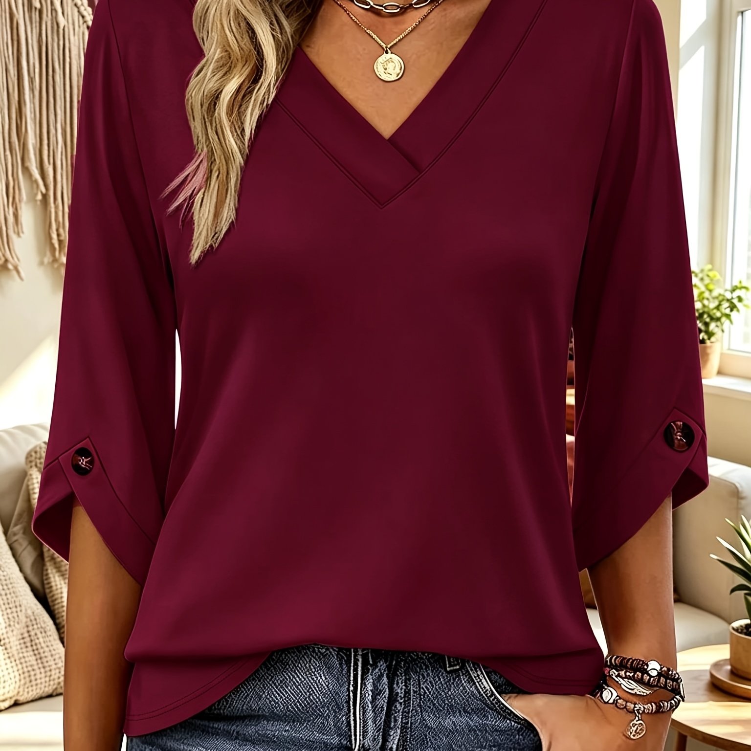 TEMU T-shirt tendance grande taille pour femme, nouveauté d'automne, style européen et américain, à col en V, poignets boutonnés et manches trois-