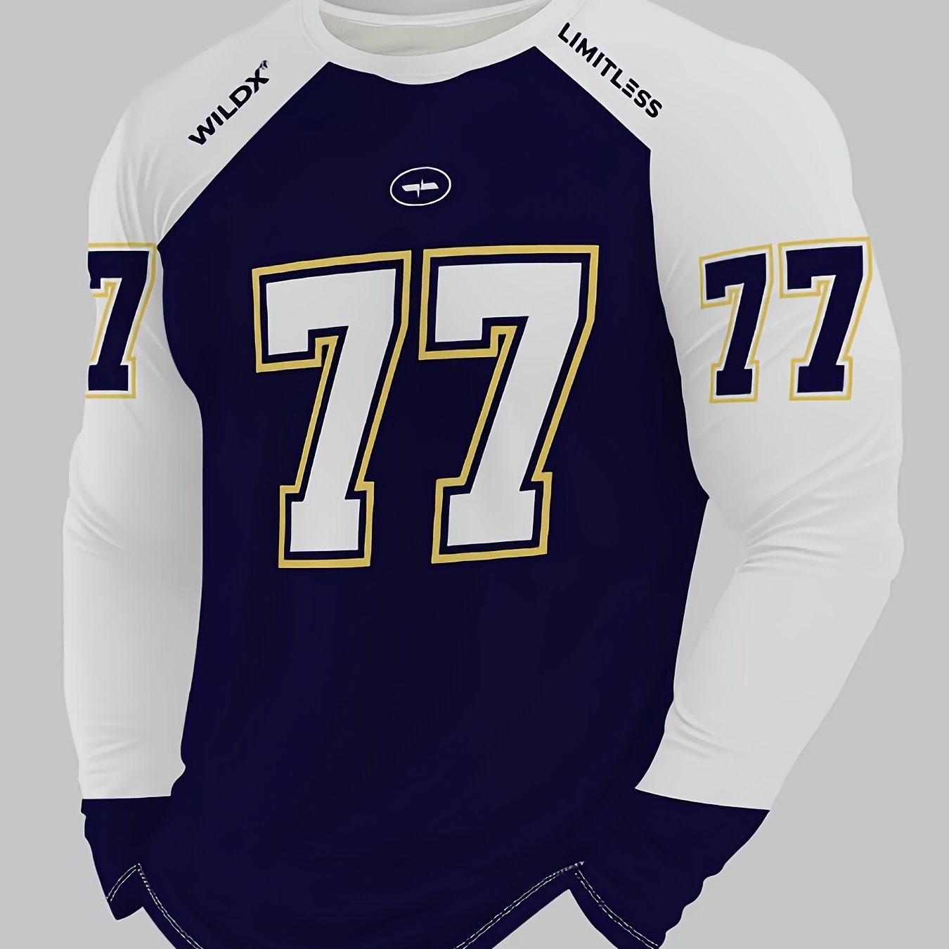 TEMU [print Design – Not Textured//sequins/flat Print T-shirt, No Additions/white Sheer] American Trendy Brand 77 Number Football Element Long Sleeve