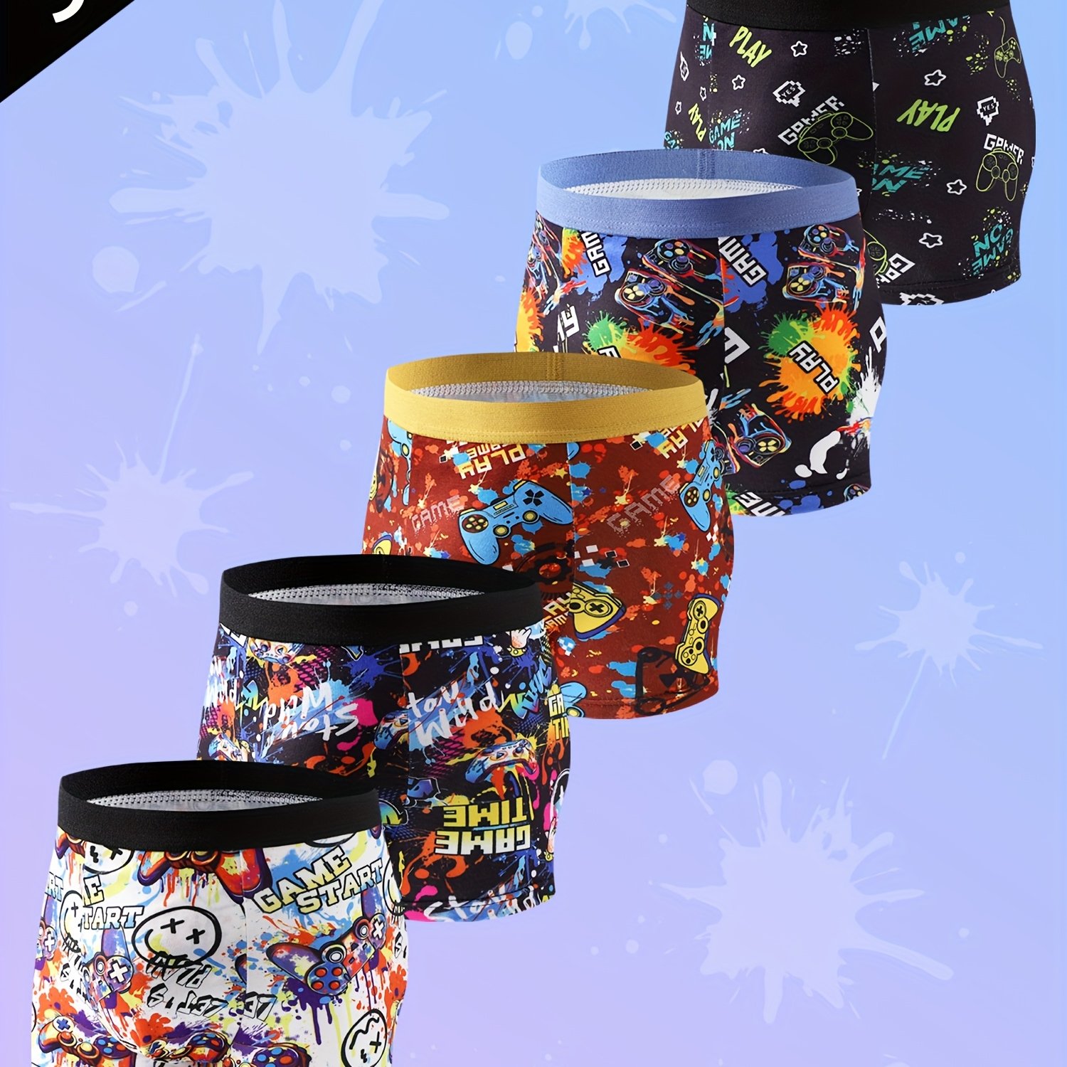Image of 5pcs Assorted Boys' Boxer Briefs With Game Console Print, Streetwear Casual Sporty Style, Stretchy, Comfortable, And Soft, Suitable For Children Ages 8-12