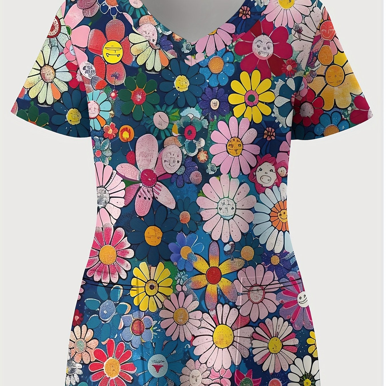 TEMU Plus Size, Plus Size Women's Floral Fashion V-neck Nurse Uniform Top, New Summer Casual Plus Size Women's Short Sleeve Nurse Uniform