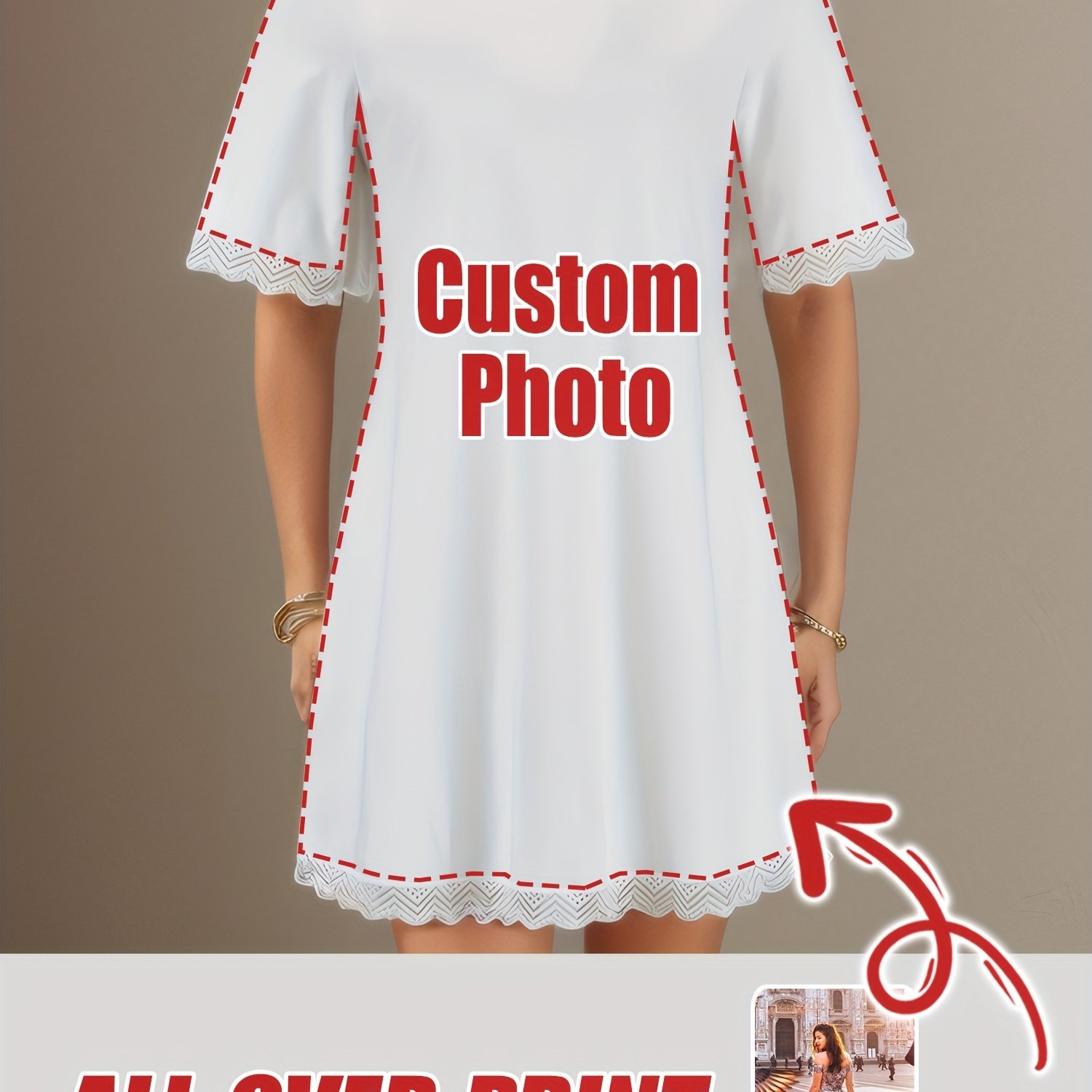TEMU Personalized Women's Summer Casual T-shirt Dress With Lace Trim, Short Sleeves, Perfect For Beach , Ideal Gifts For Her