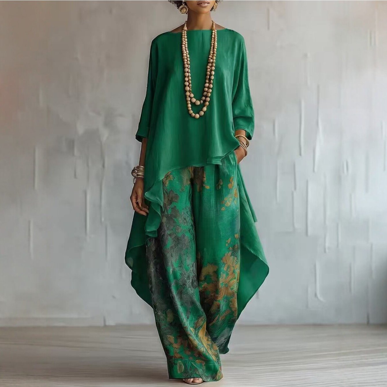 TEMU [officially Licensed]2026 New European Style Printed Wide-leg Pants Set- Women's Loose Asymmetrical Top 2pcs Set, Fashionable Casual Outfit