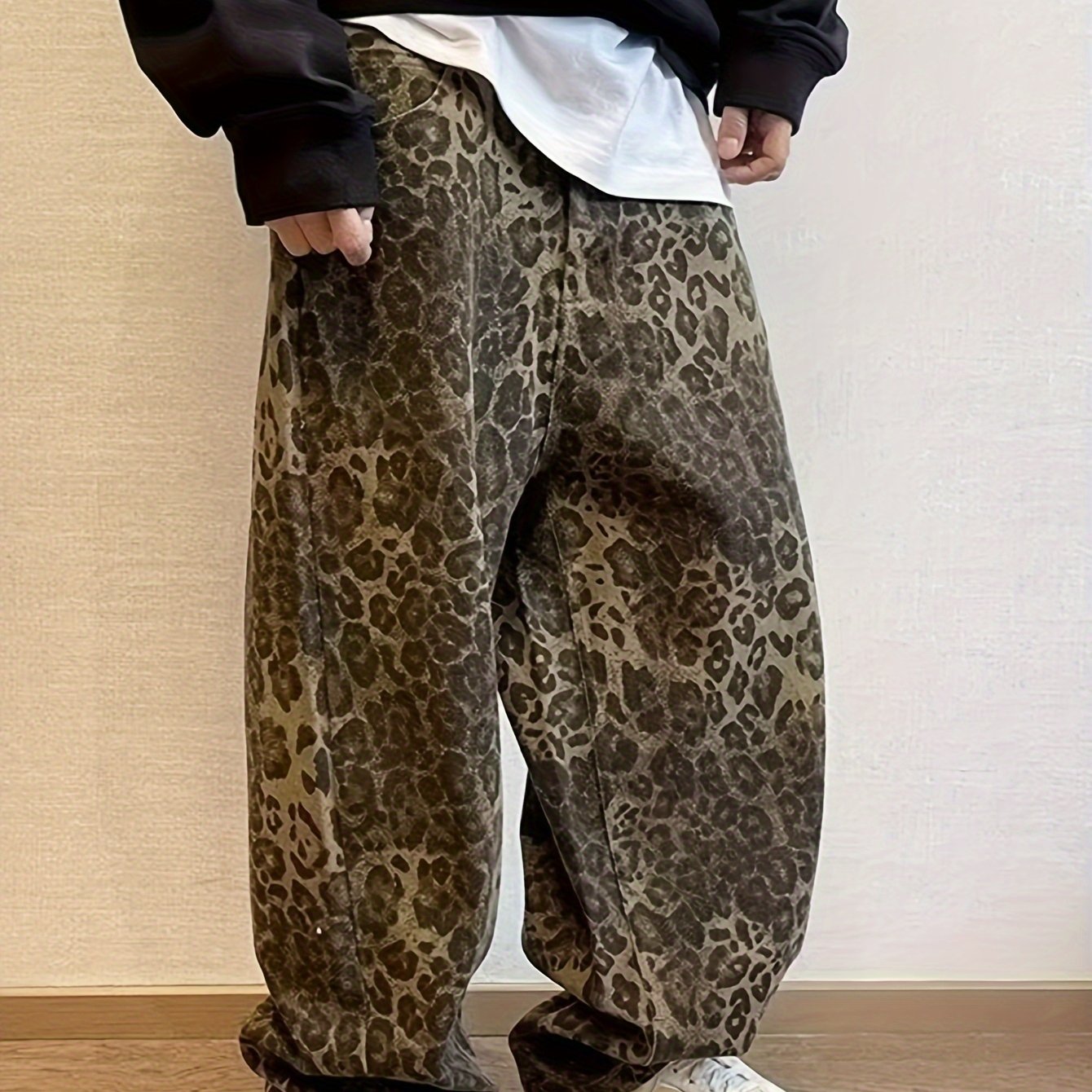 Image of Denim Jeans Men's Trendy Niche Loose All-match Leopard Print Wide Straight Trousers