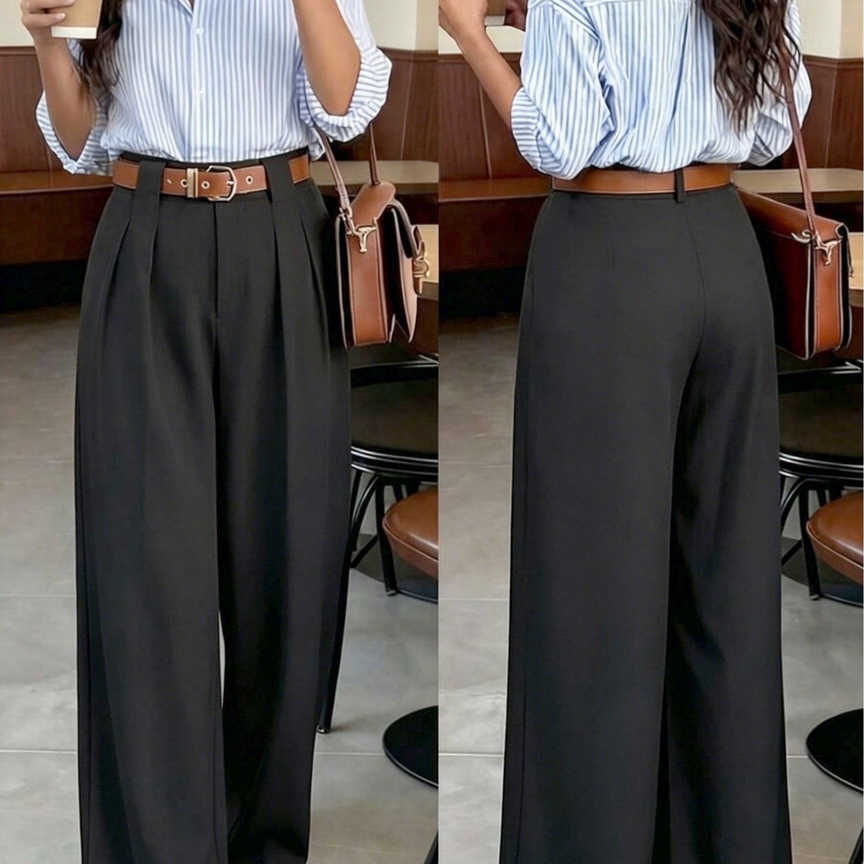 TEMU Plus Size, Women's Plus Size Wide-leg High-waist Trousers With Pockets - Beltless Stretchable Waist Suitable For Pants, Machine Washable Solid