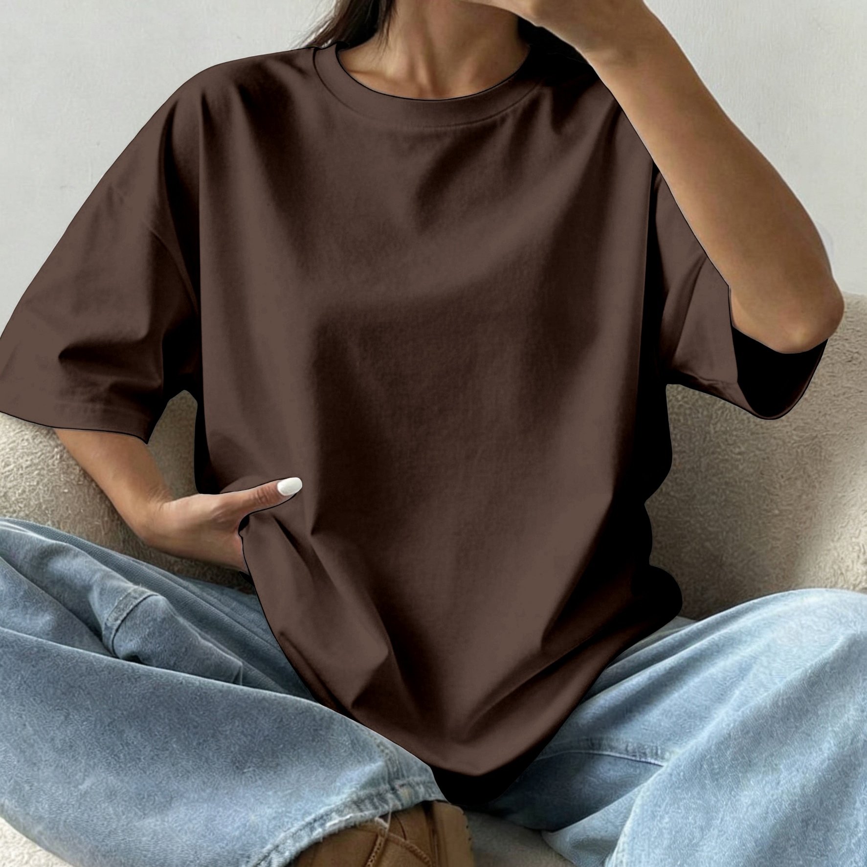 TEMU Women's Oversized Round Neck T-shirt - Lightweight Short Sleeve Blouse Basic Solid Color Top | Spring Summer Casual Loose Fit Pullover, Machine