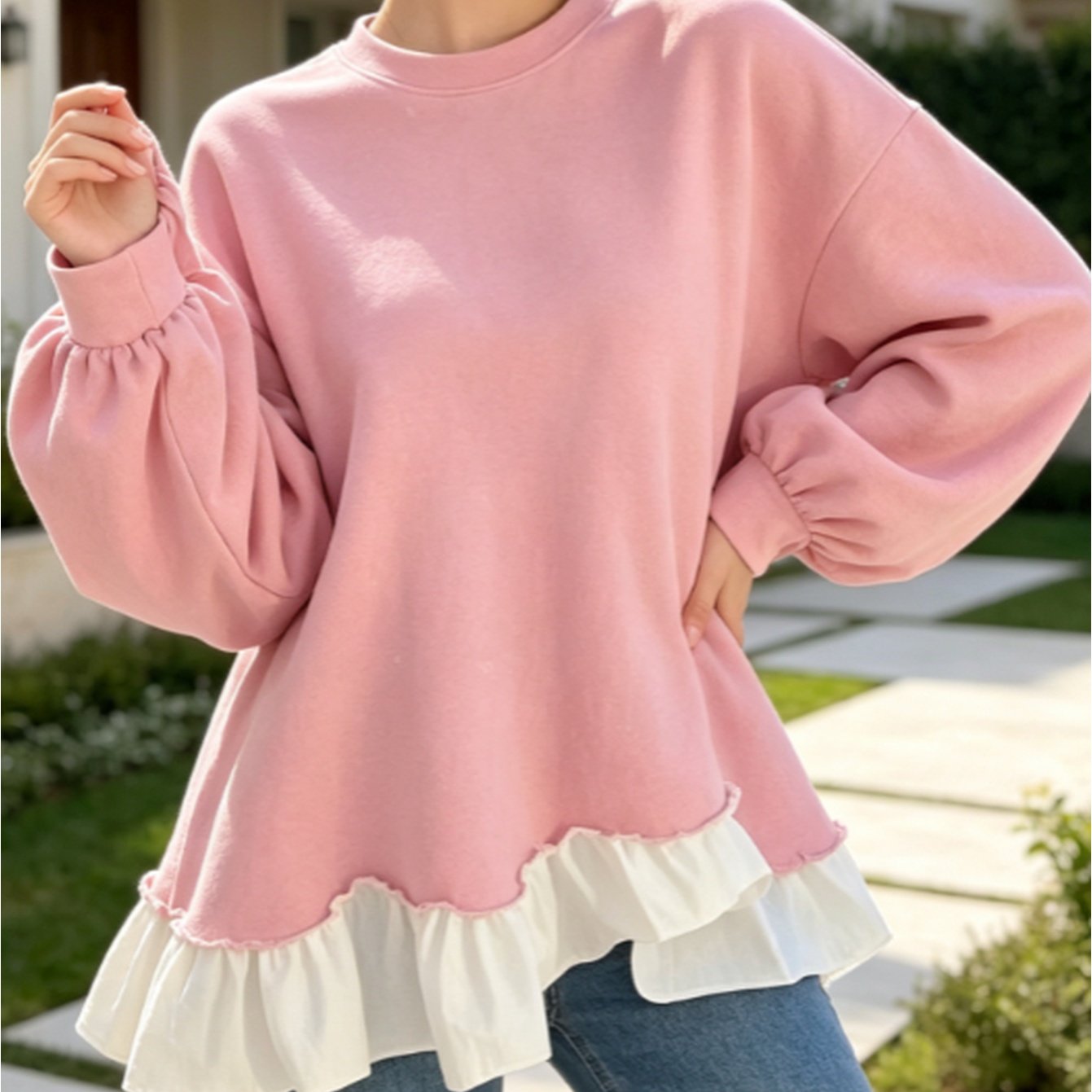 Image of Women's Round Neck Loose Long Sleeve Sweatshirt With Hem And Hem For And Casual Top