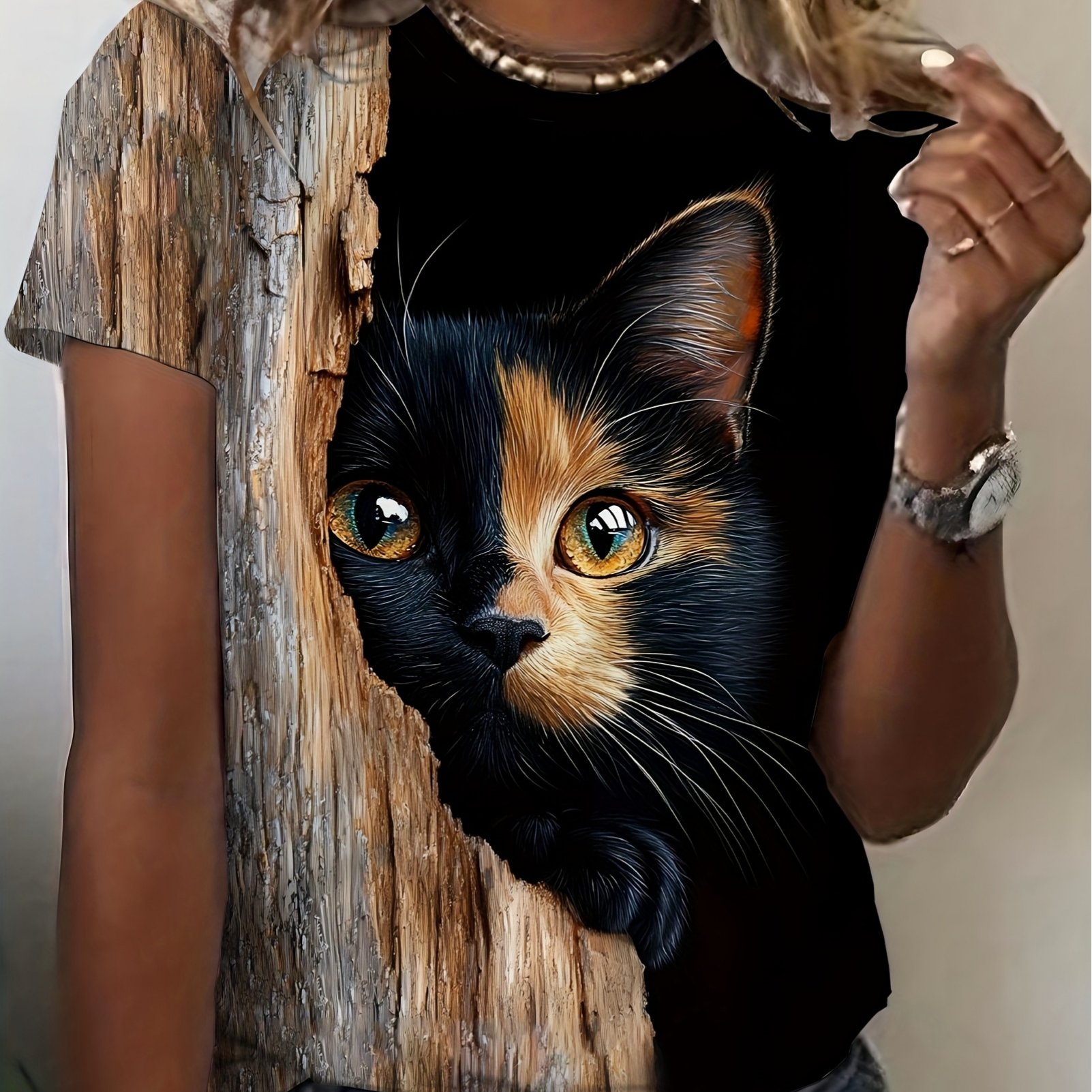 TEMU [printeesignnottextured]elegant Crew Neck T-shirt For Women, Versatile For , Suitable For And Outdoor . Features A Black Cat And Wooden Board