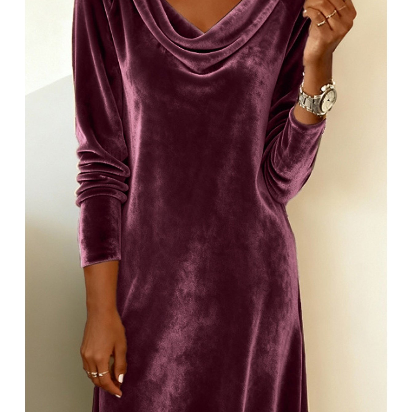 Image of Women's Maternity Velvet Mini Dress, Cowl Neck Long Sleeve Ruched Slim Dress, Elegant Party Maternity Dress