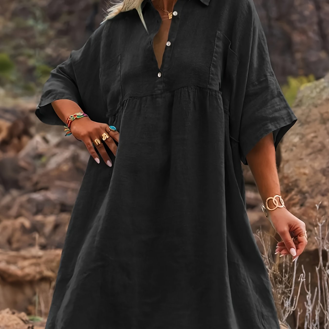 TEMU Women Spring Summer Casual Ultra Loose Shirt Collar Half Open Cardigan Button Mid Length Dress