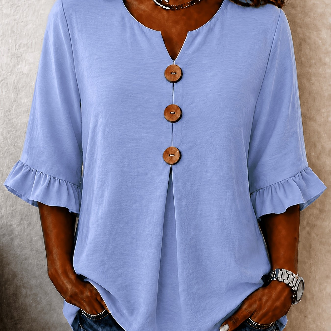TEMU Plus Size, Plus Size Women's Shirt Top, New Summer Fashion V-neck With Ruffle Sleeve And Button Decoration, Ladies' Blouse