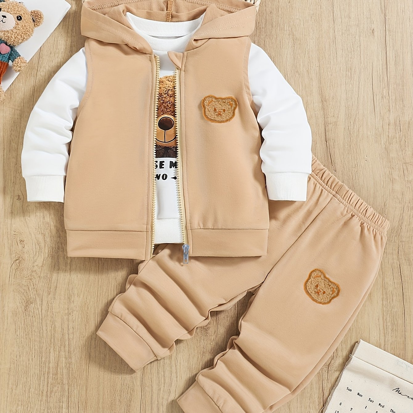 Image of 3-piece Set, Boys' Bear Outfit, Hooded Sleeveless Vest + Bear Print Sweatshirt + Matching Fabric Pants, Boys' Spring And Autumn Clothing, Recommended As A Gift, Outdoor Playwear, Perfect For Outdoor