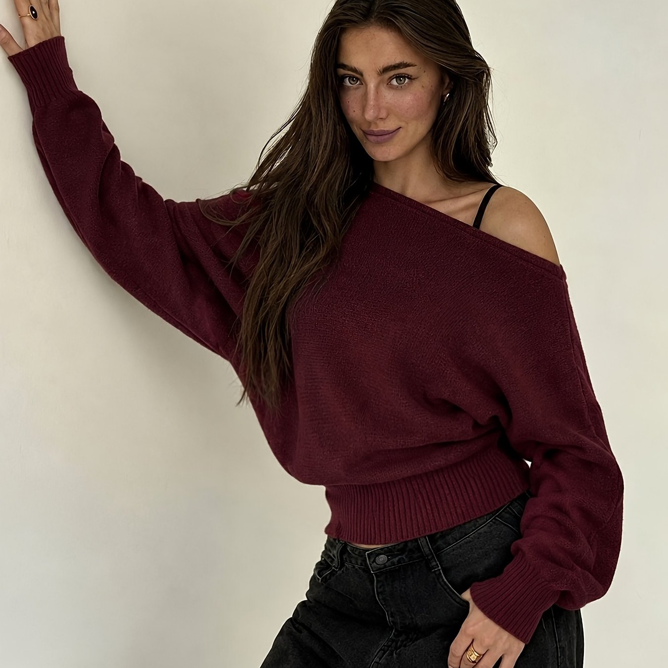 TEMU Haut pull débardeur pour femme à épaules dénudées avec taille cintrée et asymétrique - Pull uni, ceinture cintrée ceinture adapté pour , , les
