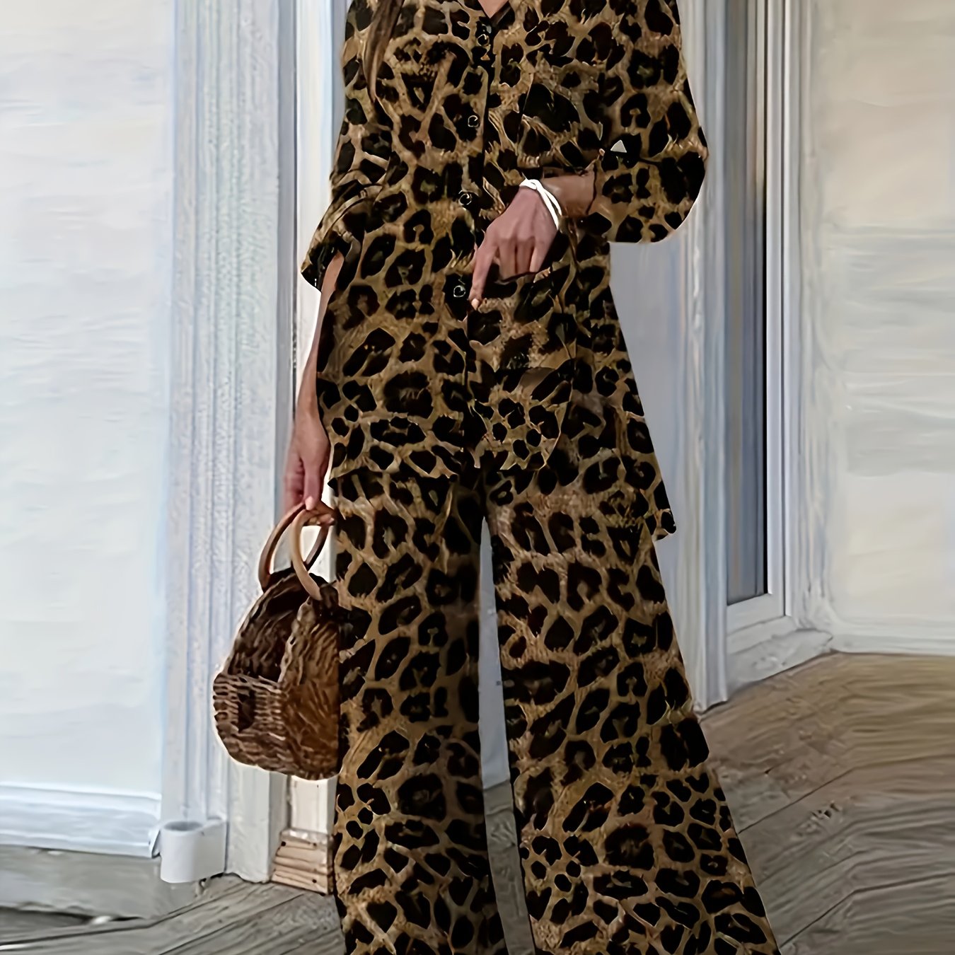TEMU An Elegant Women's Leopard Print Suit Set - Spring/autumn Season Polyester Fabric, Reversible Collar, Print Design, Detail-free Fashion