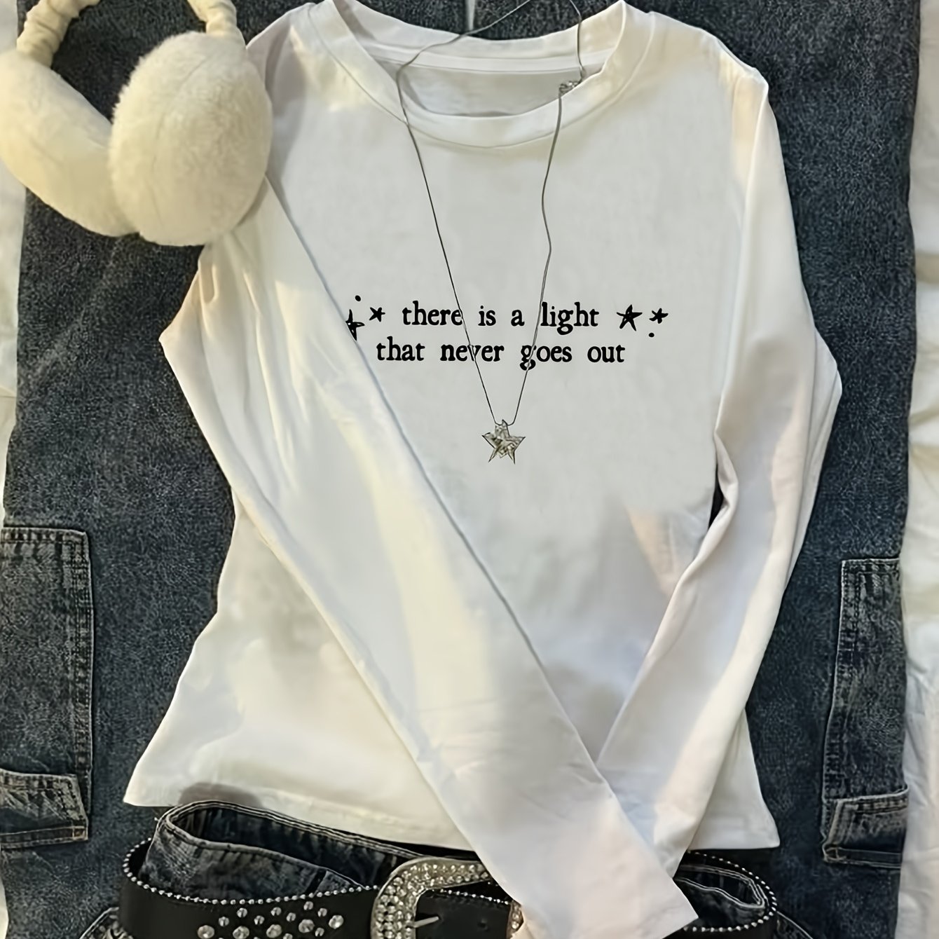 TEMU A Women's Slim-fit, Form-hugging Long-sleeve T-shirt With A And Text " Is A Ray Of Light That Will Never Be Extinguished" Print, Perfect For