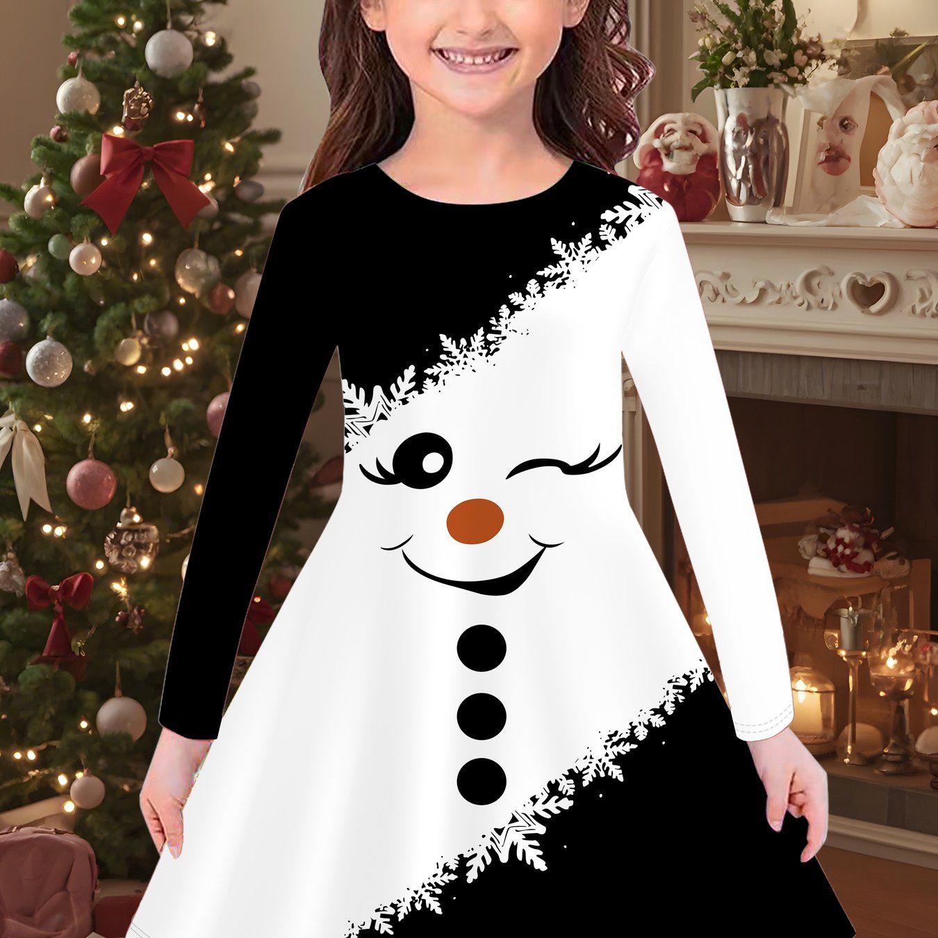 TEMU ' Christmas Dress With Santa & Tree Print - Long Sleeve A-line Dress, Loose--over For , Snowman-freezer (machine Washable) - & Festive Wear