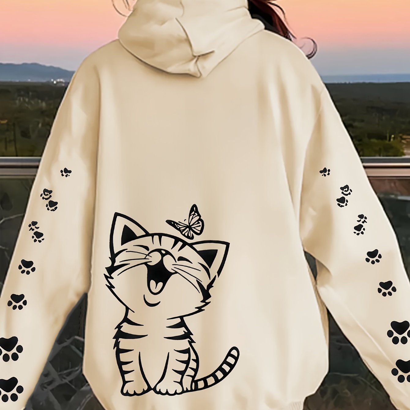 TEMU 子猫・蝶・猫の足跡柄 レディース・女性・母親向け カジュアルジップアップパーカー おしゃれなスポーティージャケット 長袖 洗濯機洗い対応スウェットシャツ 春・秋・冬向け パーカー 快適な服装