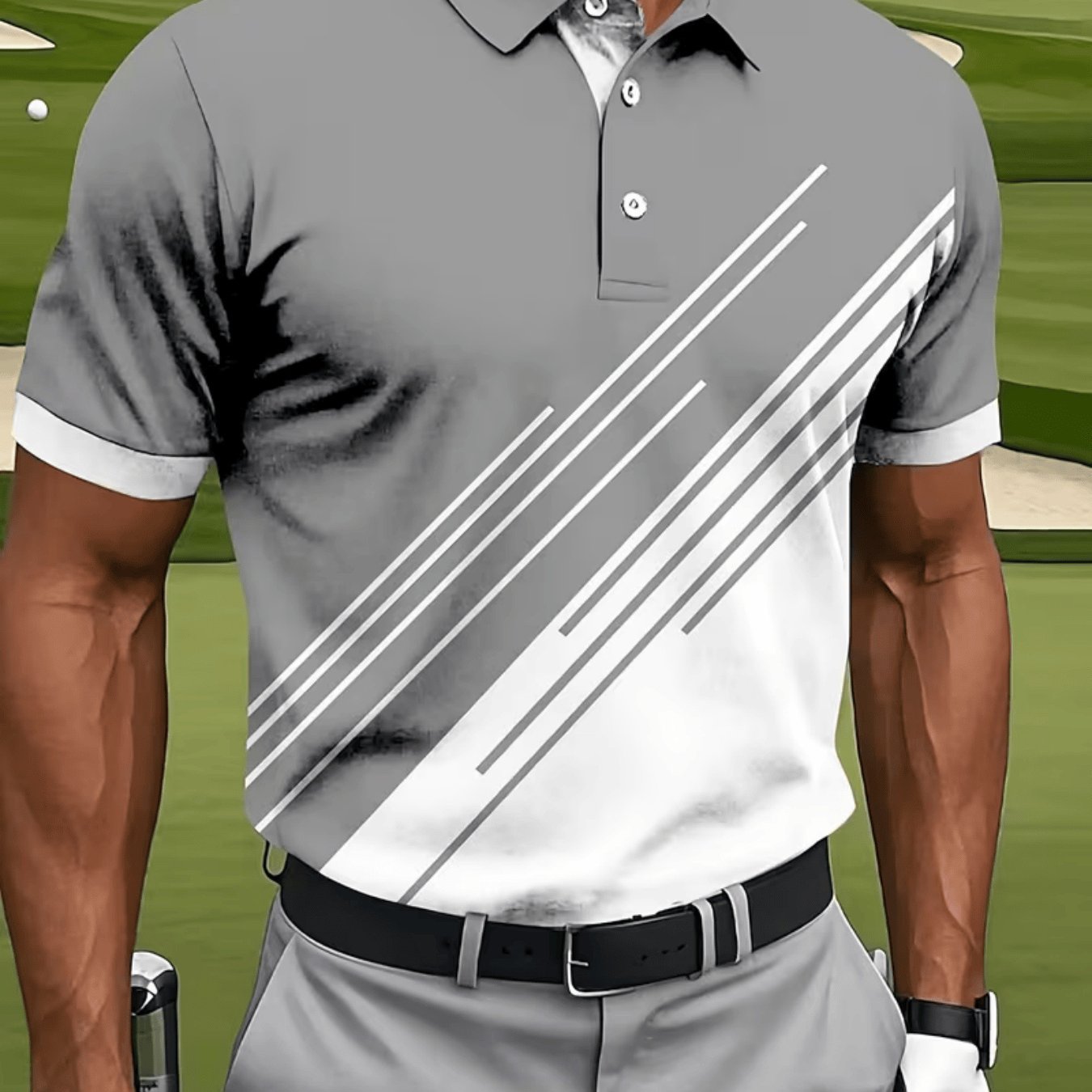 TEMU [printed Design - Not Textured] Stylish And Cool Men's Shirt With Gray And White Contrasting Twill Stripe Print, Suitable For Golf, Sports, And