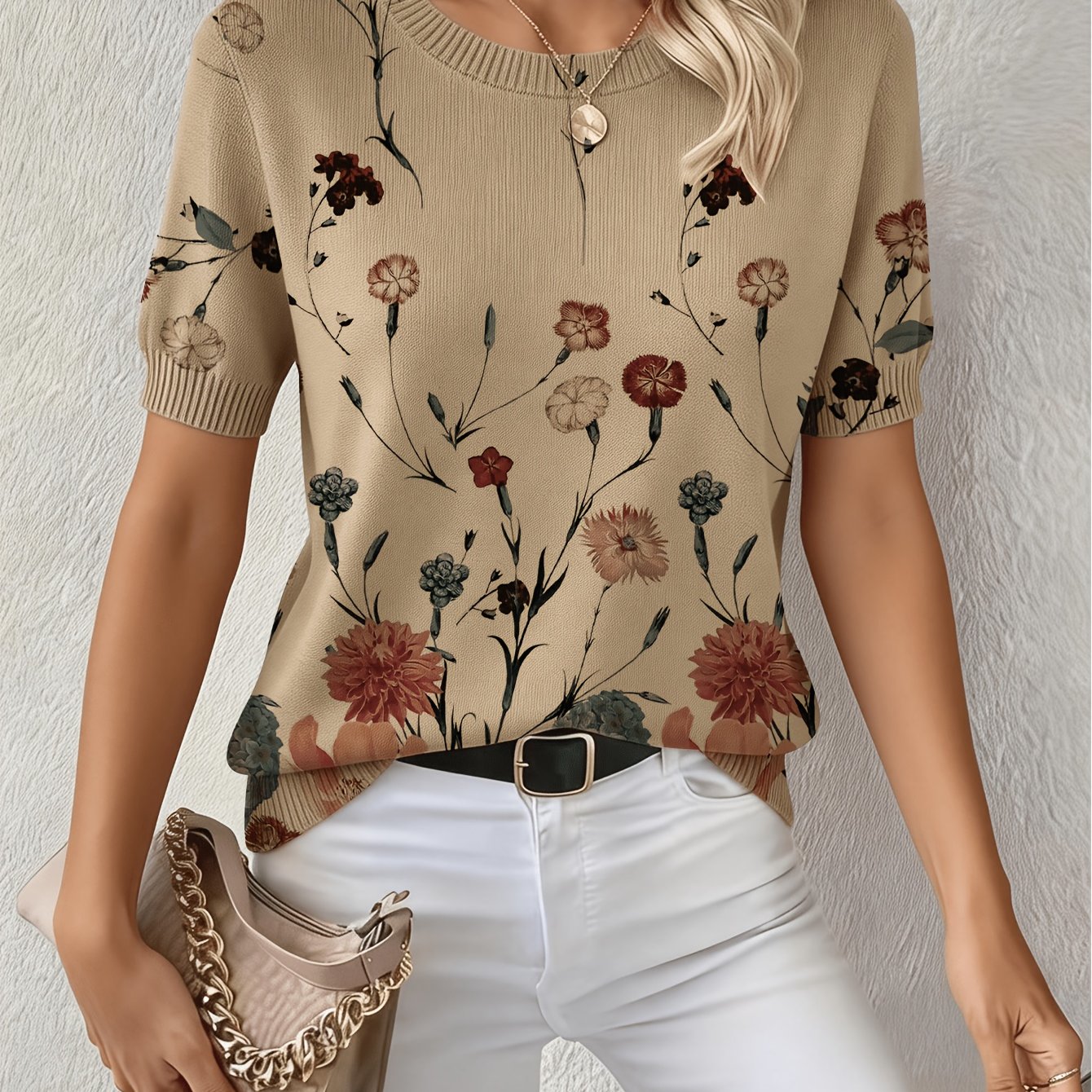 TEMU /summer Women's Round Neck Fabric Short Sleeve Pullover, Elegant And Versatile For , Loose Fit, Festive Atmosphere Print Design, Textured-free
