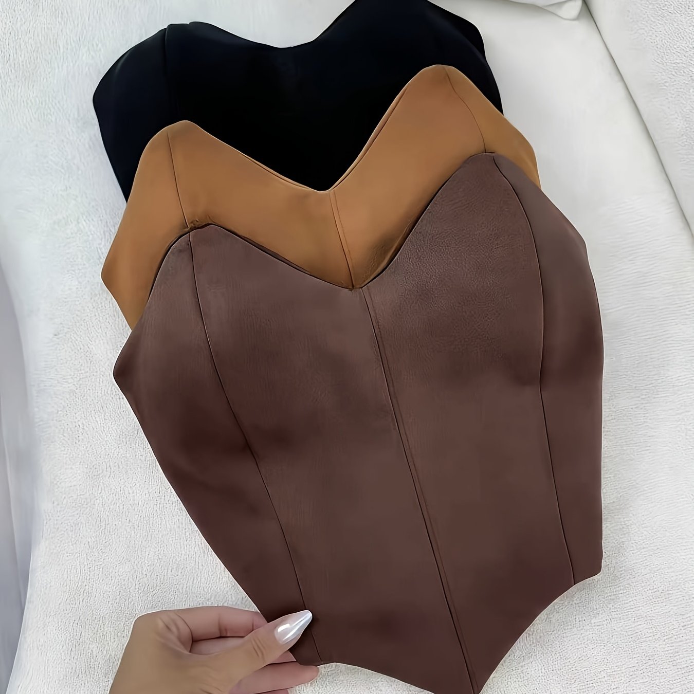 TEMU Autumn/winter 3pcs Velvet Women's Backless Tube Top Base Layer Set, Fashionable And Elegant Irregular Design, Versatile Style