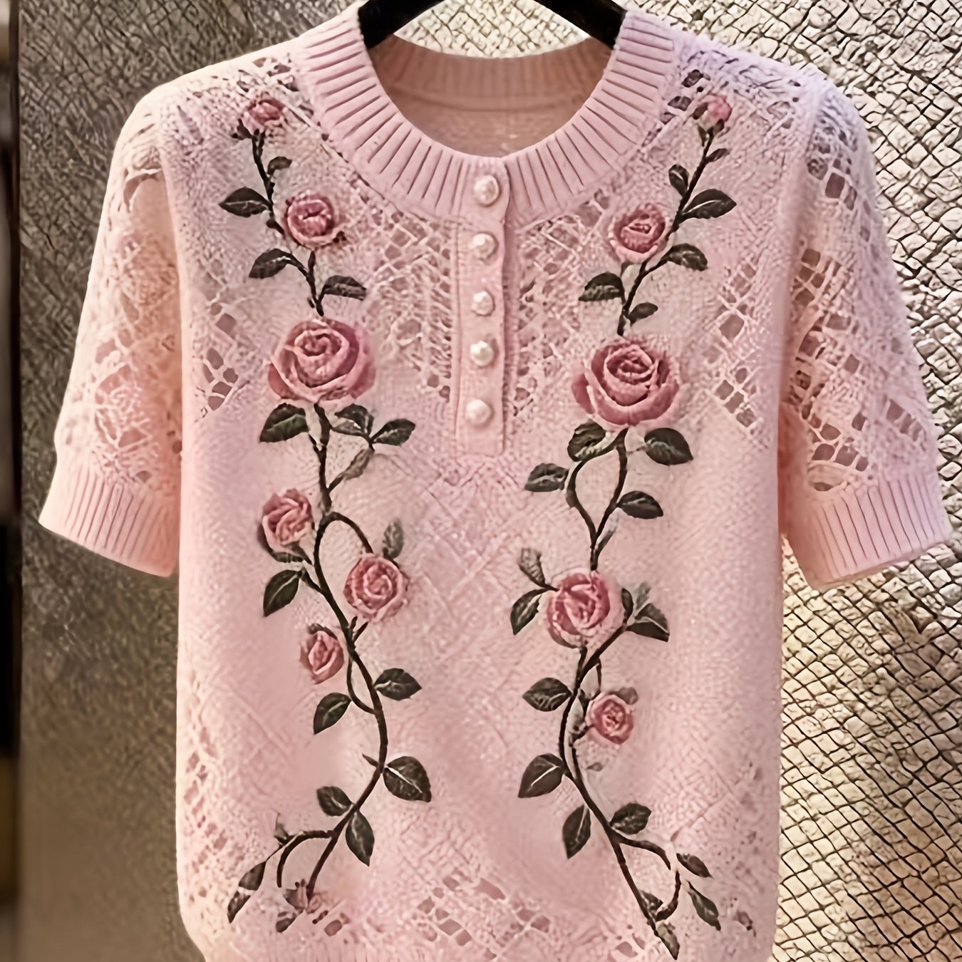 TEMU Ultra Soft Hollow Cutout Short Sleeve Tee, Round Neck Vertical Mature Women Weekend Gathering Fashion Loose Top