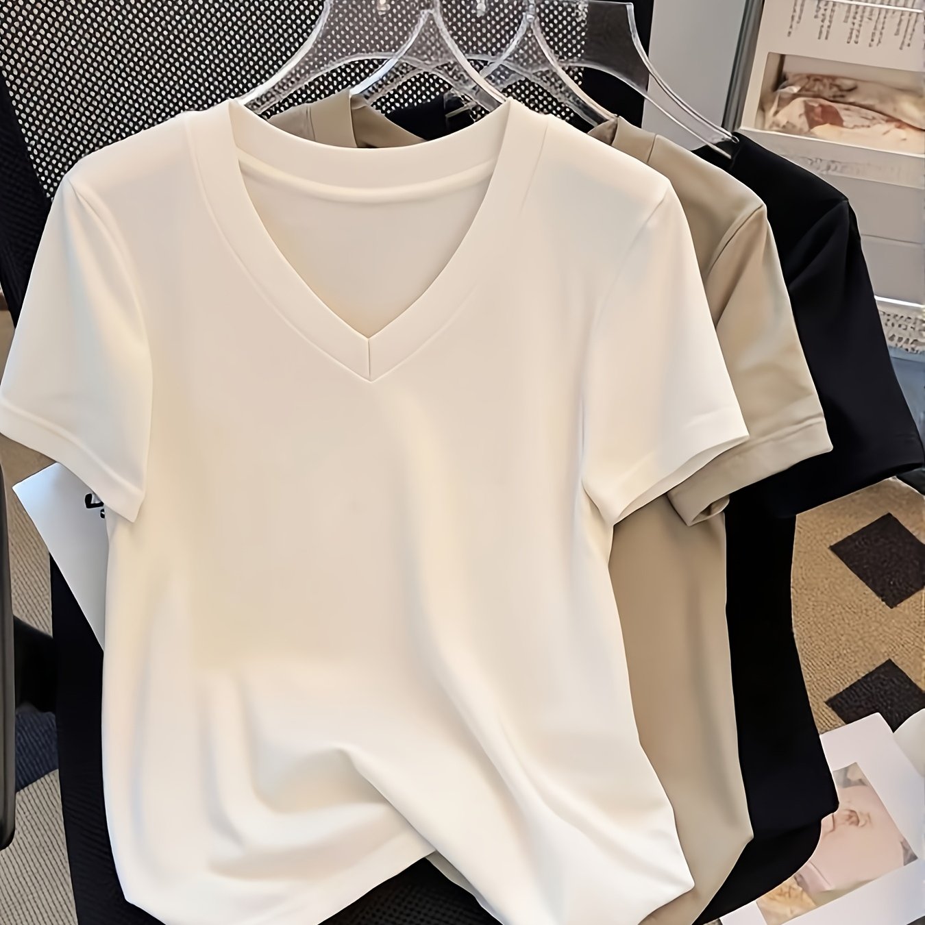 TEMU Plus Size, 3pcs Oytr Women's Plus Size V-neck T-shirts - 3pcs Solid Color Short Sleeve Blouses, Opaque Non-sheer Machine Washable Stretch Fabric