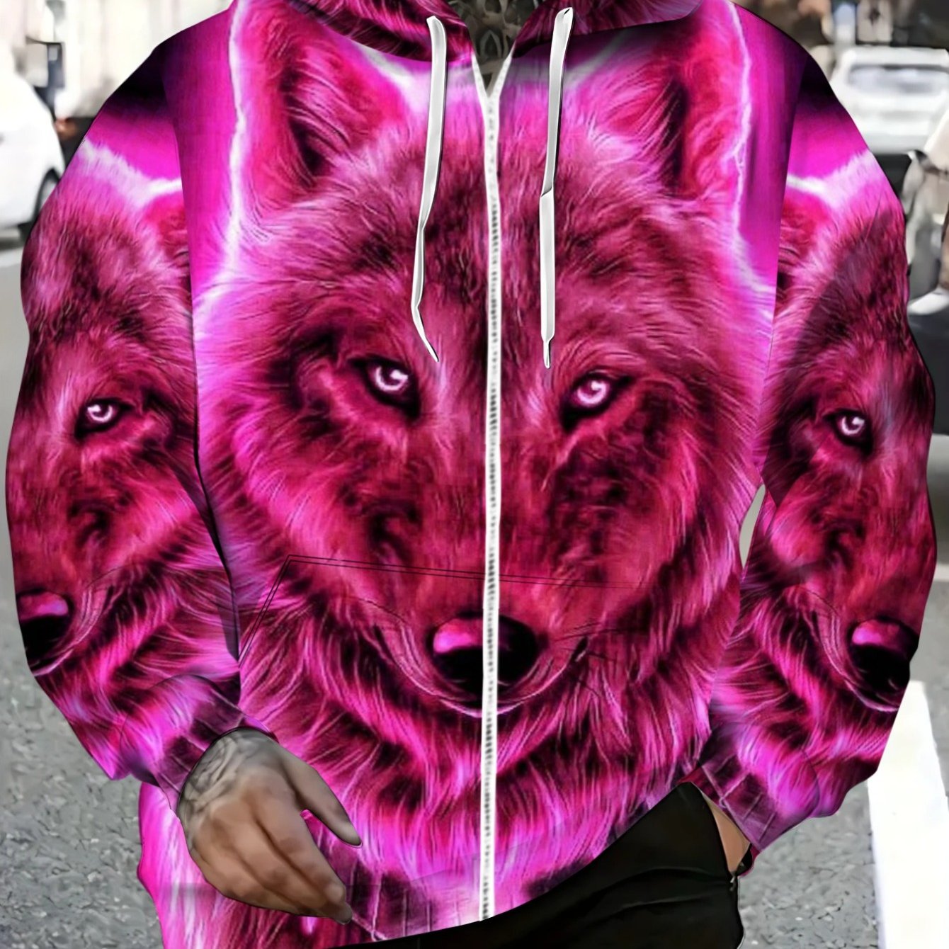 TEMU Men's Pink Wolf Print Hoodie Lightweight Casual Wear For Outdoor Activities And Everyday Use, With Vibrant Colors And