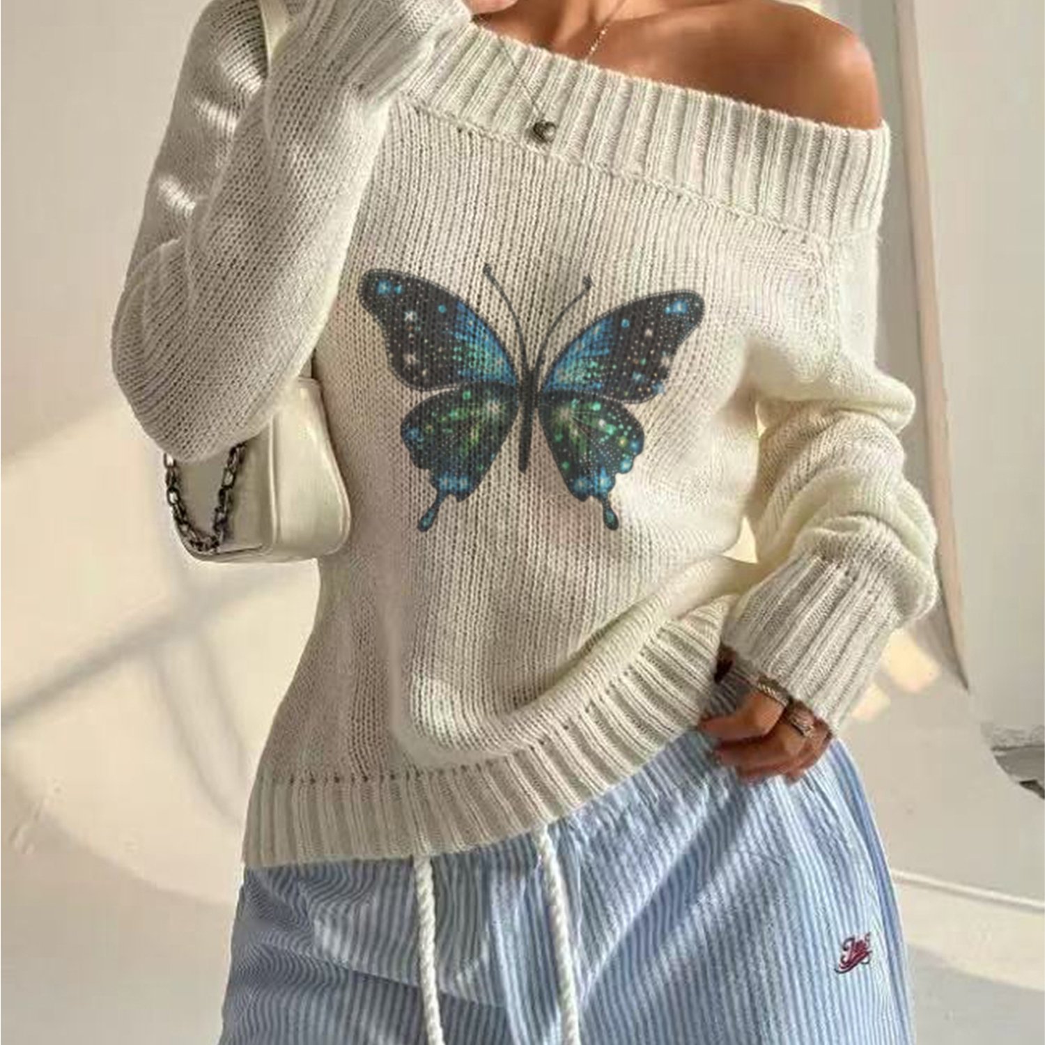 TEMU American-style Spicy Off-the-shoulder One-shoulder Sweater, Soft And Loose Printed Top