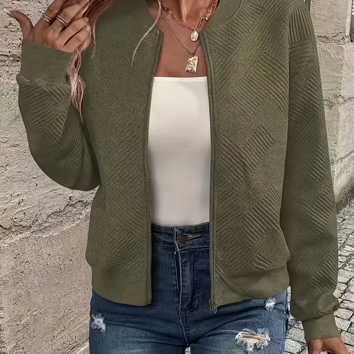 TEMU Chaqueta nueva de moda de color liso con cremallera y cuello de béisbol, ropa de abrigo casual para mujer