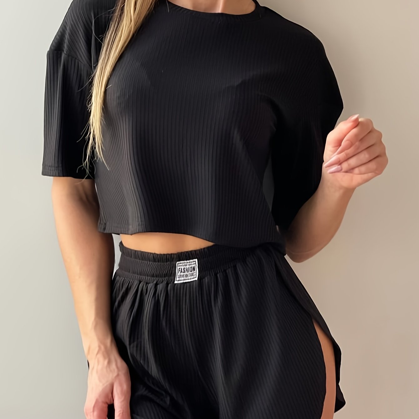 Image of Autumn/summer Women' Color Fashionable Casual Short Sleeve Shorts Round Neck Pullover Pants High Slit Loungewear Set