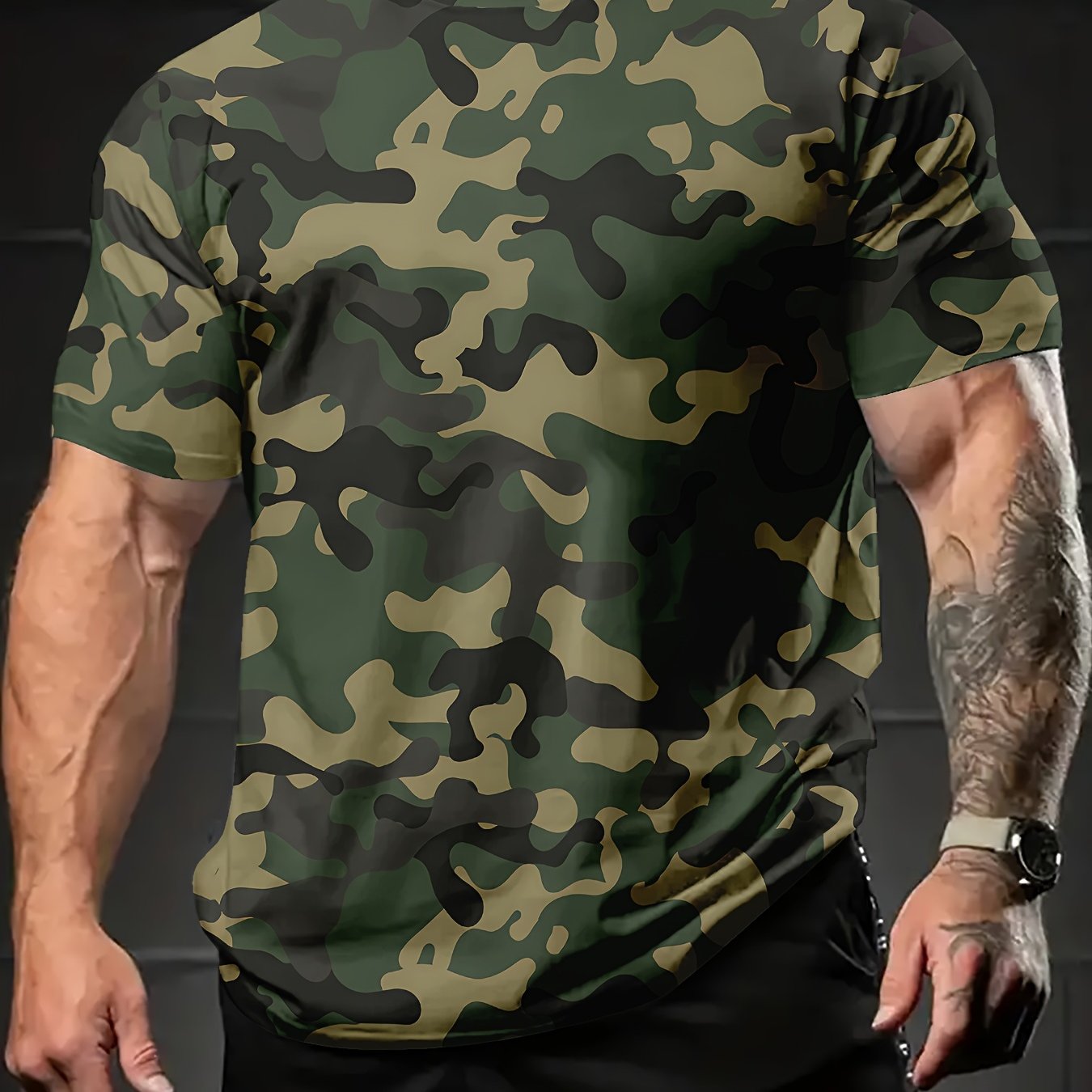 Cool Trendy Camouflage Sleeve Printed Round Neck T-shirt, Summer Men's Casual Outdoor Short-sleeved Top