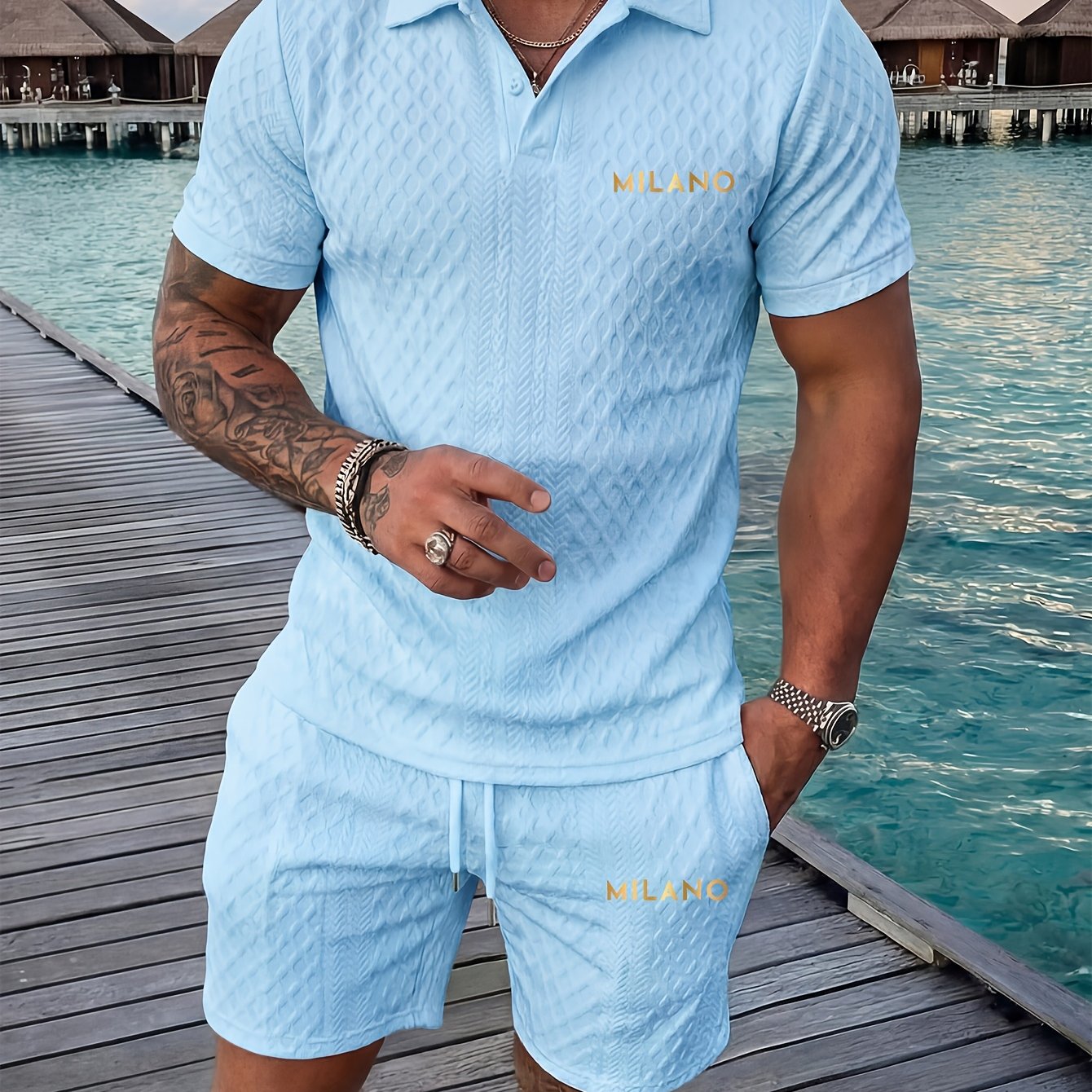 TEMU Ensemble Tendance et Accrocheur : Chemise à Manches Courtes Imprimée pour Homme avec Short Sportif pour Tenue Quotidienne en Extérieur