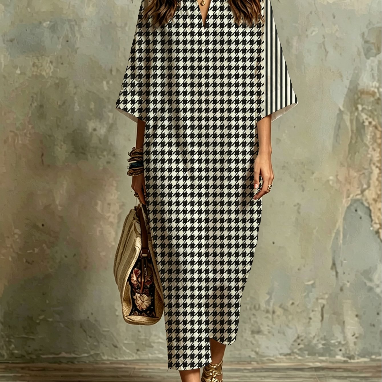 Image of Plus Size, Fashion Women's Kaftan Dress With And Vertical Stripe Pattern, And , Comfortable, Breathable, Versatile For Beach Vacation, Casual , Evening Parties