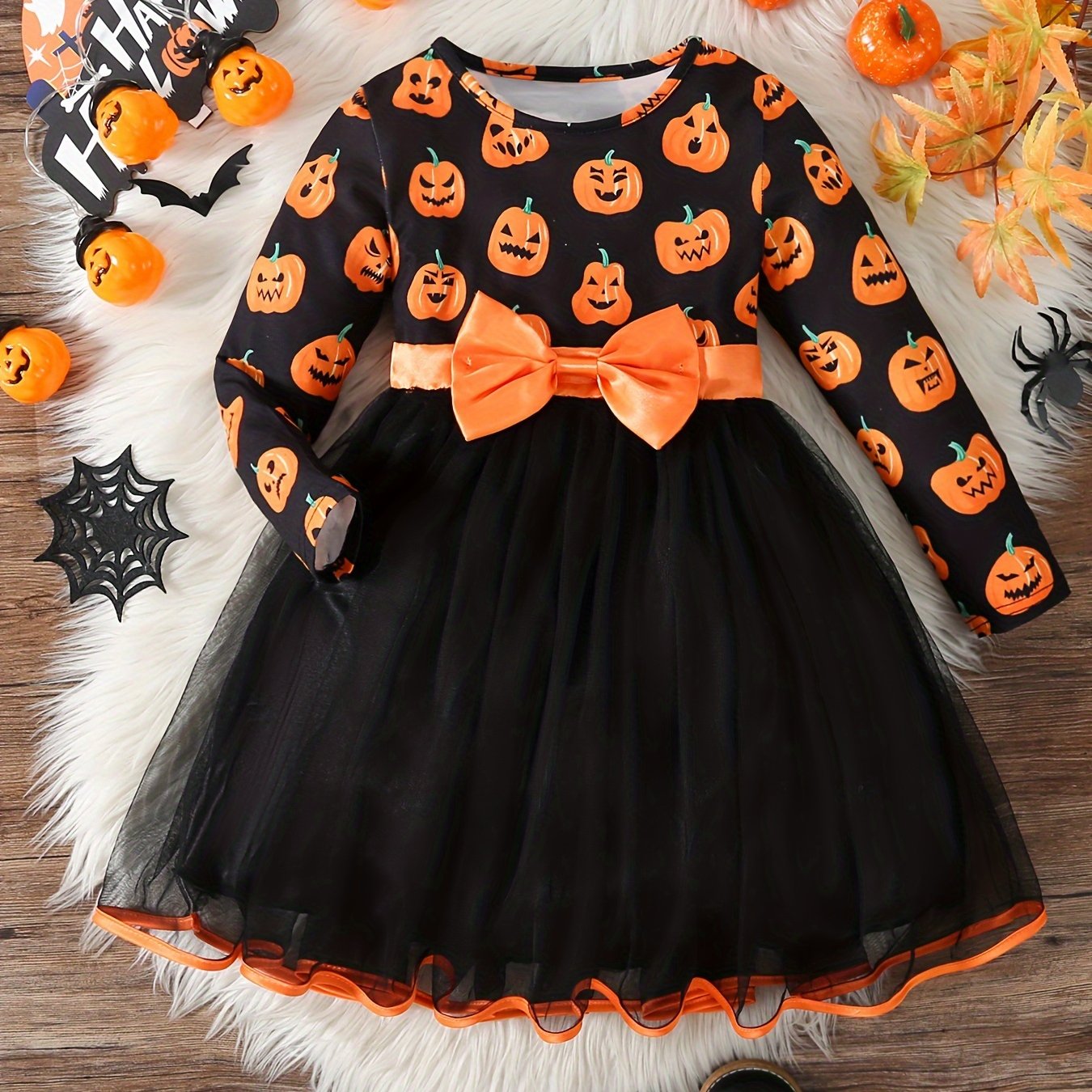 Image of Halloween, Pumpkin Print Long-sleeved Crew Neck Dress, Clothing For Christmas Halloween Party Birthday Performances, As A Gift