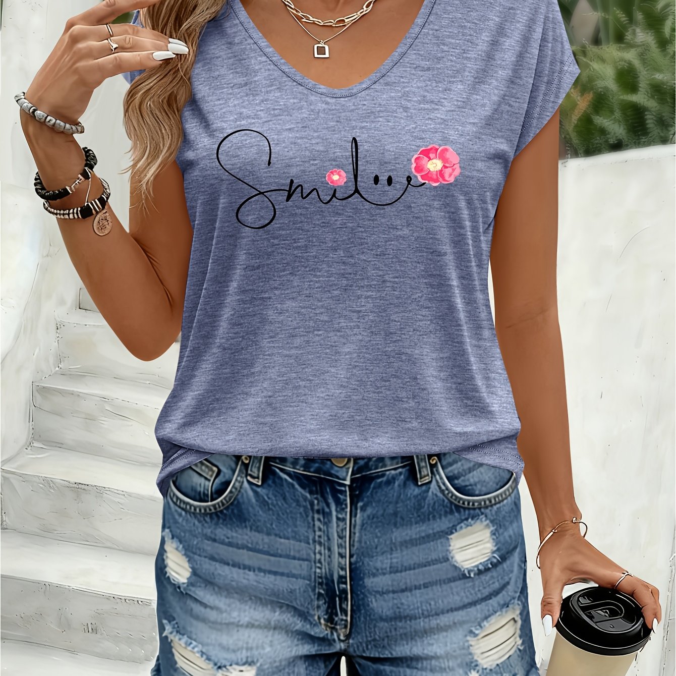 TEMU One-piece Printed Pattern Women's Colorful V-neck Cardigan T-shirt - Comfortable Spring And Summer Top, Machine Washable Regular Fit Shirt,