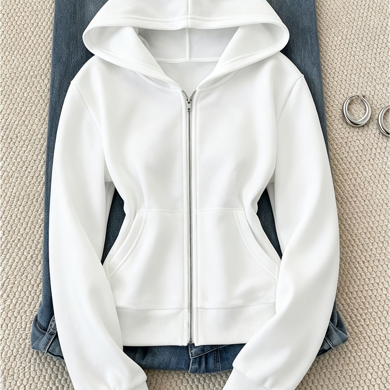 TEMU 1pc Cardigan zippé décontracté automne hiver Sweat à capuche femme Couleur unie
