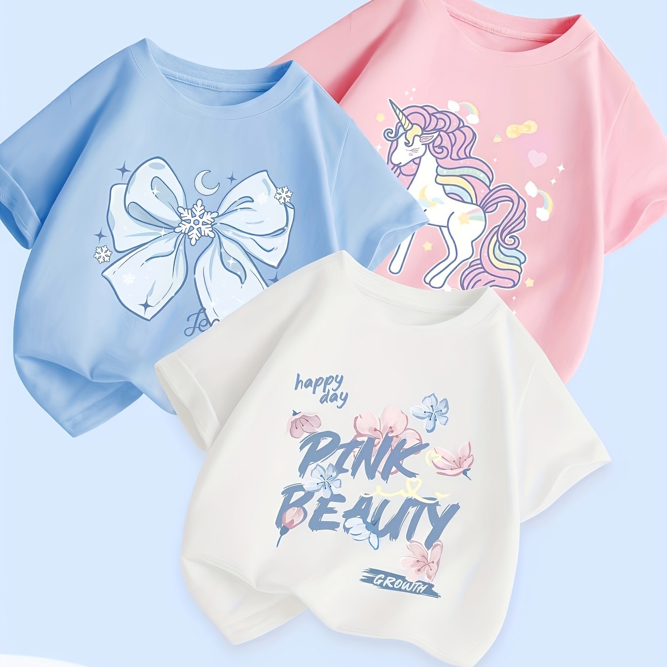 Image of [jeanswest Kids 7-fold] Girls' Soft And Skin-friendly Pure Short Sleeve T-shirt 3pcs Set, Cartoon Print, Suitable For Outdoor Casual Sports Wear, Summer Girls' Top