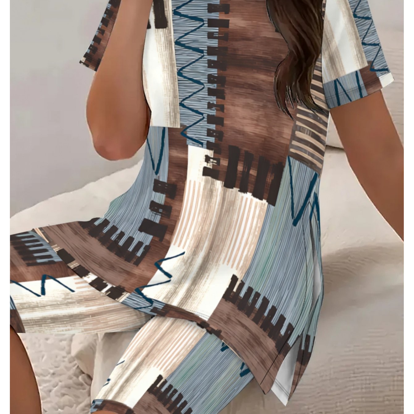 TEMU Plus Size - Plus Size - Women's Plus Size Bohemian Abstract Tribal , Casual Versatile T-shirt And Shorts Two-piece Set
