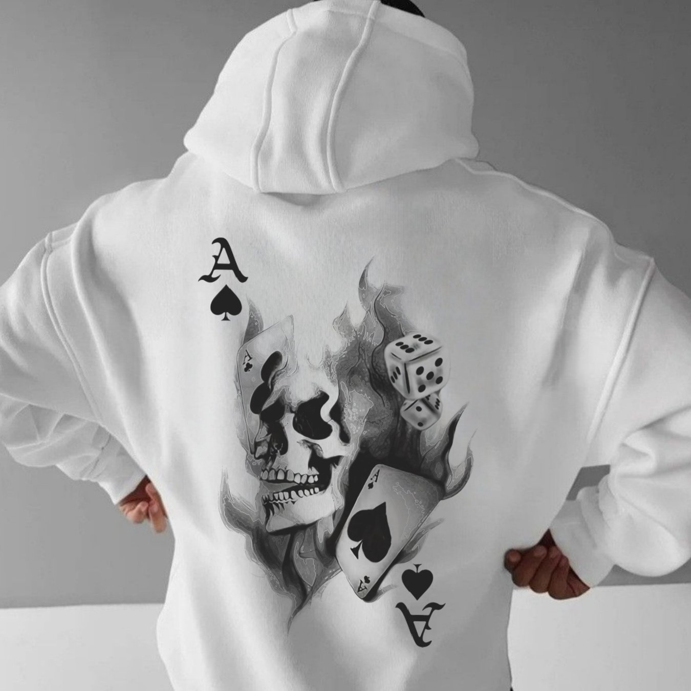 Image of Men's Oversized White Hoodie With Skull & Poker Card Print ( Suitable For , Streetwear, Loose Fit Hooded For Spring/autumn, Machine Washable