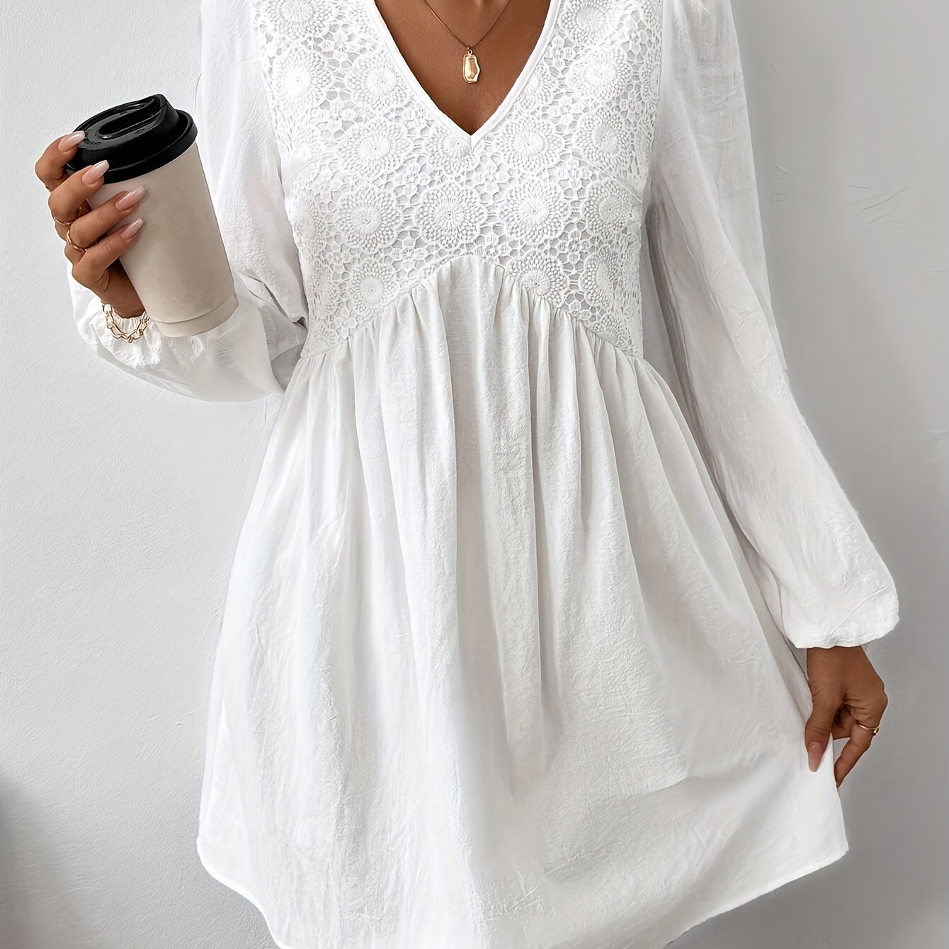 Spring And Autumn Women's Long Sleeve Lace Casual Short Dress