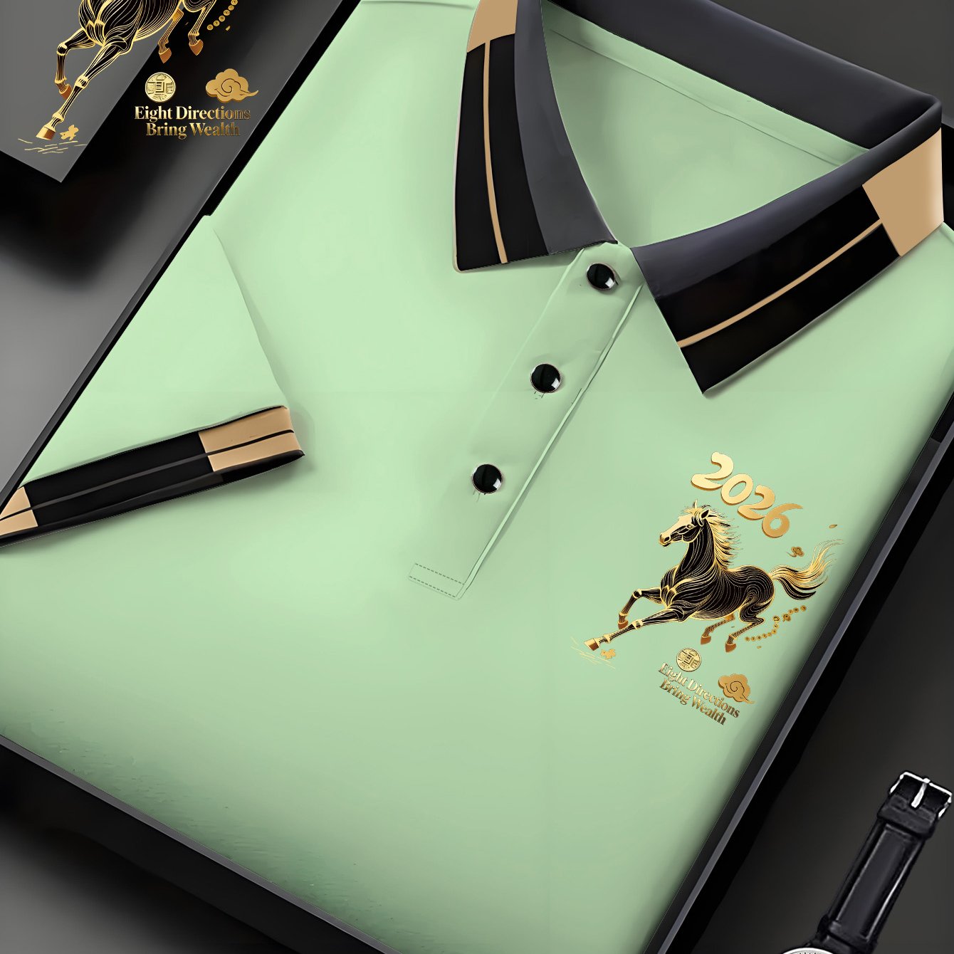 TEMU Horse Year; Golden Horse Implies Wealth From All Directions; Printed. Men's Quick-drying Short-sleeved Shirt, Lightweight Shirt Machine Washed,