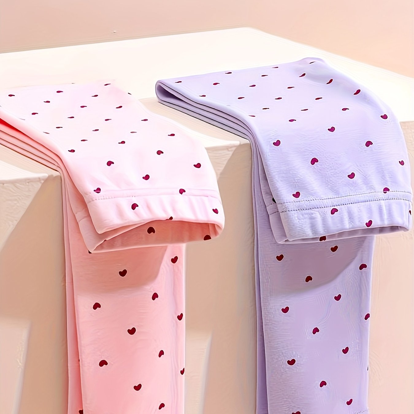 Image of 2pcs Mixed Set Girls' New Autumn/winter Printed Heart Pants Pattern Stylish Leggings Kids Trousers Versatile Warm Underwear