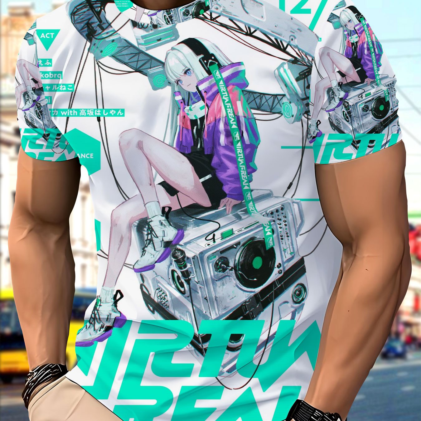 TEMU Men's Anime Girl Graphic T-shirt - Futuristic Tech Themed Short Sleeve Round Neck Tee With 3d , Breathable Polyester Shirt Suitable For