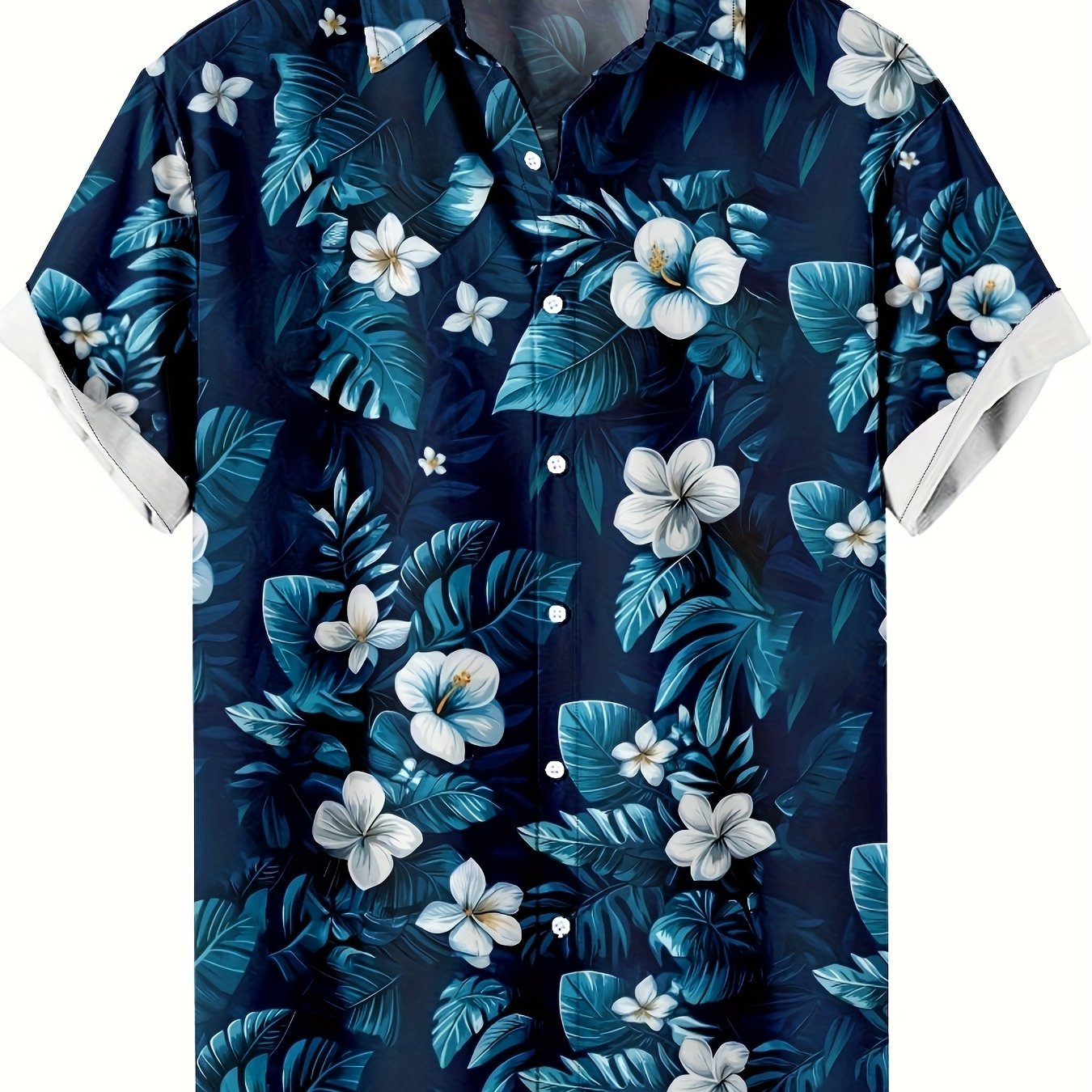 TEMU Men's Hawaiian Short Sleeve Shirt - Navy Blue And White Floral Print Tropical Style, Breathable Lightweight Fabric Suitable For Beach Vacation
