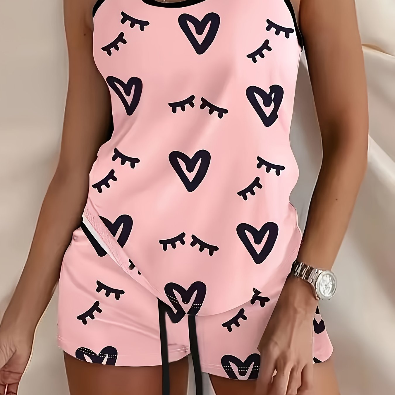 Casual Vest And Shorts Heart Print Women's Pajama Set