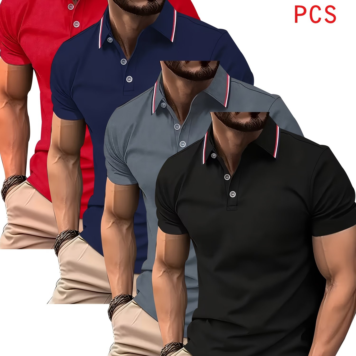 TEMU Ensemble de 4 Chemises à Rayures, Rouge, Blanc et Bleu avec Col à Boutons, Chemise Décontractée de Respirante et Séchage Rapide, Design en Léger