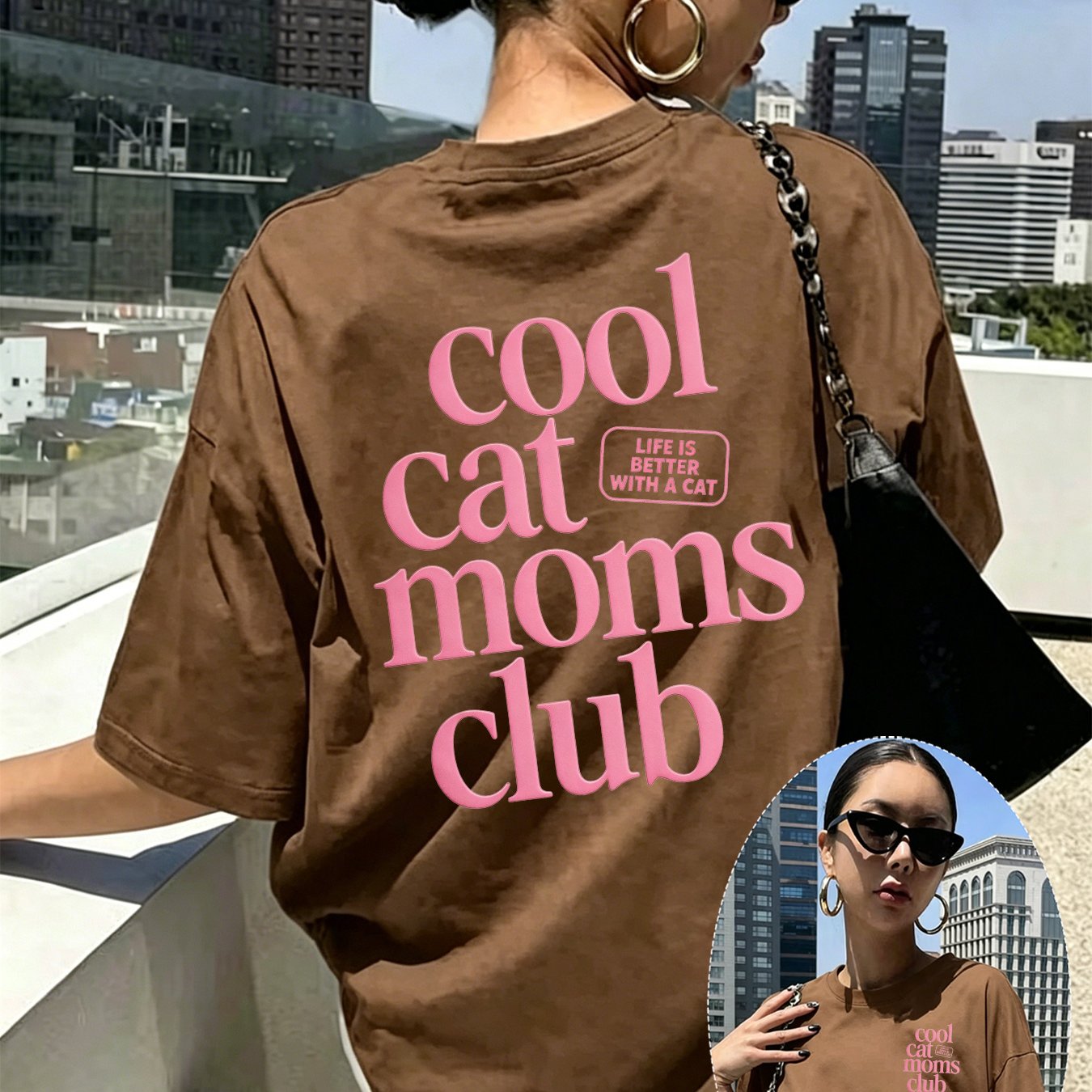 TEMU Women's T-shirt, Front And Back Display Mom Club, Cat Print T-shirt, Short Sleeve Round Neck Casual Top, Suitable For Summer And Spring, Women's